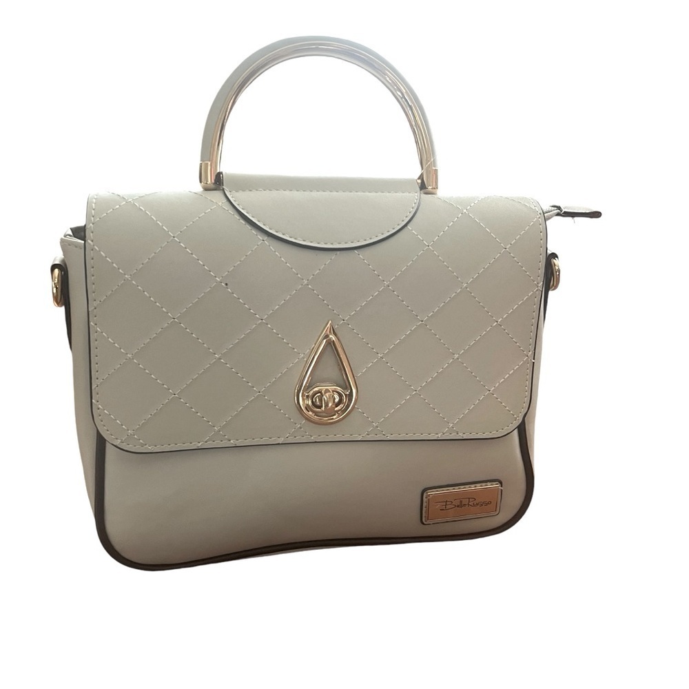 Bella Russo Stone Gray Faux Leather Shoulder Bag Hand Bag Brand Gold Accent NWT